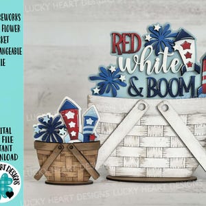 Feux d'artifice de juillet pour le panier de fleurs fichier interchangeable SVG, quatrième, Amérique, États-Unis, été, plateau à plusieurs niveaux, Glowforge, LuckyHeartDesignsCo