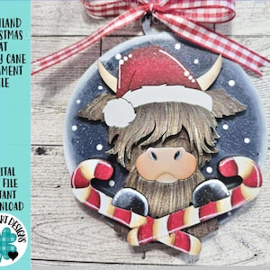 Highland Weihnachtsmütze Zuckerstange Ornament Datei SVG, Glowforge, Kuh, Bauernhof, LuckyHeartDesignsCo