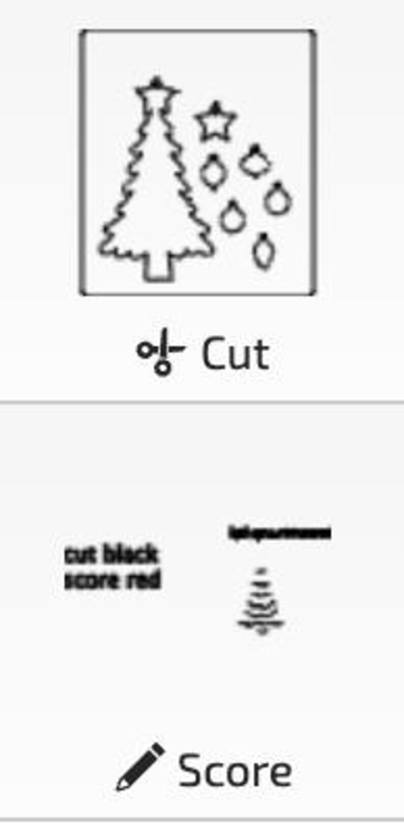 Puede incluir: Un dibujo en blanco y negro de un &aacute;rbol de Navidad con adornos y estrellas. El texto "cut black score red" est&aacute; debajo de la imagen.