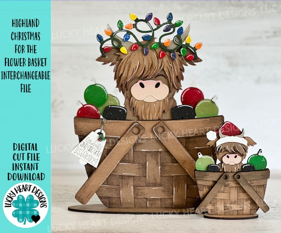 Highland Christmas For The Flower Basket Interchangeable File SVG (Original and TINY) Santa Christmas Cow Farm Glowforge LuckyHeartDesignsCo