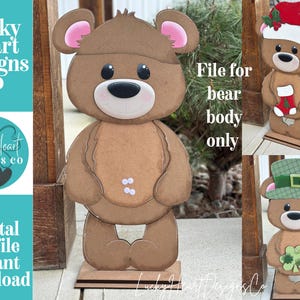 May include: A brown bear-shaped cut file design with pink inner ears, black eyes, and a light brown belly. The image includes the text "File for bear body only" and "Digital cut file instant download". Additional bear designs are shown.