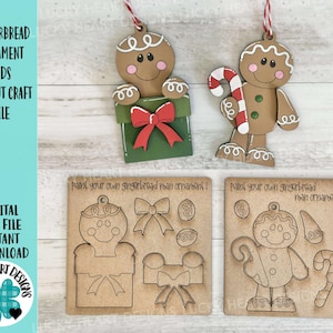 May include: Wooden gingerbread man ornaments and craft file. One ornament is holding a green gift box with a red bow. The other ornament is holding a candy cane. The craft file includes cut-out pieces for painting.