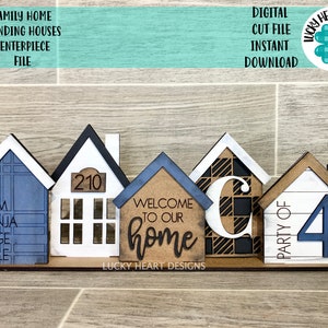 Einfamilienhaus stehende Häuser Herzstück Datei SVG, Mantel Dekor Glowforge, LuckyHeartDesignsCo