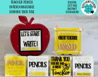 Teacher Pencil Interchangeable leaning sign File SVG, Glowforge School, Apple, Bee, School Gift, LuckyHeartDesignsCo