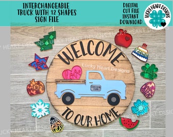 12 種類の形状の交換可能なトラック サイン ファイル SVG、シップラップ ドア ハンガー、Glowforge レーザー、LuckyHeartDesignsCo