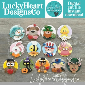 May include: A selection of vibrant, circular digital cut files showcasing seasonal and holiday characters. Designs include a snowman, dog, leprechaun, duckling, bunny, bee, Uncle Sam, crab, owl, cat, turkey, scarecrow, and reindeer. The text "Lucky Heart Designs Co" is visible.