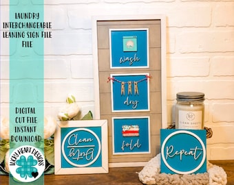 Laundry Interchangeable Leaning Sign File SVG, Glowforge Tiered Tray, Wash Dry Fold, LuckyHeartDesignsCo