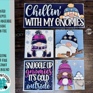 Gnome Winter Interchangeable Leaning Sign File SVG, Snowman, Snowflake, Tiered Tray Glowforge, LuckyHeartDesignsCo