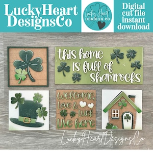 May include: A collection of St. Patrick's Day themed digital cut files. The designs include shamrocks, a leprechaun hat, a house, and the phrases "this home is full of shamrocks" and "welcome, love & luck live here". The Lucky Heart Designs Co. logo is also visible.