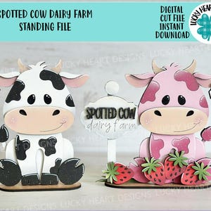 Gefleckte Kuh Milchfarm Stehende Datei SVG, Erdbeere, rosa Kuh, Milch, Tiered Tablett Glowforge, LuckyHeartDesignsCo