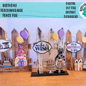 May include: A set of interchangeable birthday fence decorations featuring a gnome, balloons, cakes, and signs that say "the big 15", "make a wish", and "happy birthday to you".