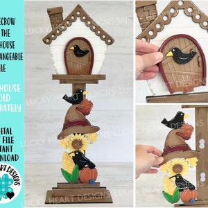 May include: A wooden scarecrow-themed birdhouse stand with interchangeable fall-themed cutouts. The stand features a birdhouse, a scarecrow hat, a sunflower, corn, and a pumpkin. The text on the image reads "SCARECROW FOR THE BIRDHOUSE INTERCHANGEABLE FILE".