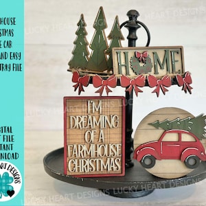 Farmhouse Christmas Tree Car Quick and Easy Tiered Tray File SVG, Holiday Truck Tier Tray Glowforge, LuckyHeartDesignsCo