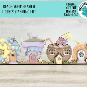 May include: A set of four wooden houses decorated with beach-themed elements. The houses are shaped like a beach ball, a bucket, a coconut, and a seashell. Each house has a small door and windows. The houses are painted in pastel colors and have various details like flags, stars, and anchors.