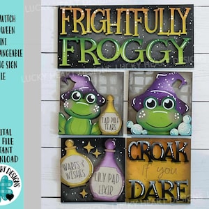 Könnte beinhalten: Ein Halloween-Holzschild-Set mit einem grünen Frosch mit lila Hexenhut. Das Schild zeigt "FRIGHTFULLY FROGGY" und "CROAK if you DARE". Das Set enthält auch Zaubertränke mit Aufschriften wie "Tad Pole Tears" und "Lily Pad Lixir".