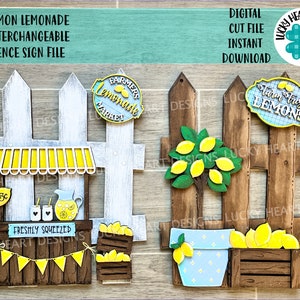 May include: A digital cut file for a wooden fence sign with interchangeable elements. The sign features a lemonade stand with a yellow awning, a pitcher of lemonade, and two glasses of lemonade. The sign also includes a lemon tree with yellow lemons, a pot of lemons, and a crate of lemons. The sign says "Farm Fresh Lemons" and "Farmers Lemonade Market".