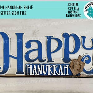 Happy Hanukkah Shelf Sitter Standing Sign File SVG, Noël, décoration de manteau de cheminée, pièce maîtresse, glowforge, LuckyHeartDesignsCo