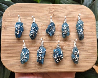 Raw Blue Apatite Crystal Necklace: Handmade Silver Wire Wrapped Gemstone