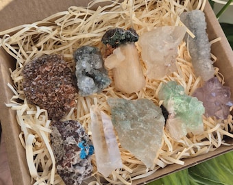 Zeolite Crystal Box Set of 10, Apophyllite,  Stilbite, Cavansite, Chalcedony, Amethyst, Clear Quartz