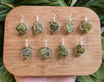 Raw Peridot Crystal Necklace: Silver Wire Wrapped August Birthstone