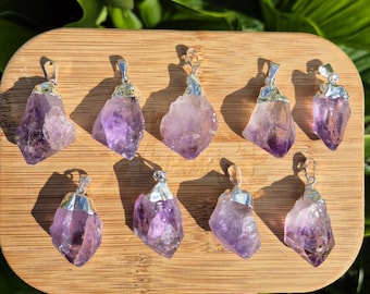 Raw Amethyst Crystal Point Necklace: Silver Plated February Birthstone
