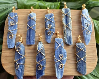 Raw Blue Kyanite Crystal Necklace: Gold Wrapped Crystal Pendant