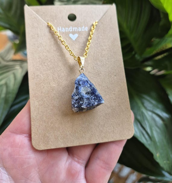 Raw Sodalite Crystal Necklace: Gold Plated Pendant, Healing