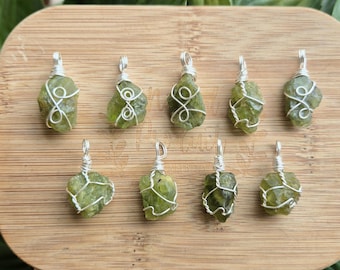Raw Peridot Crystal Necklace: Silver Wire Wrapped August Birthstone