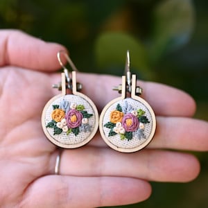 Hand-embroidered Floral Rose Earrings - Hypoallergenic Nickel-Free - Mini Embroidery Hoops - Mothers Day Gift - Gift For Her