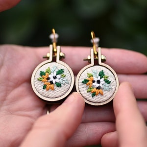 Hand-embroidered Wildflower Earrings with Daisies and Black-eyed Susans - Hypoallergenic, Nickel-Free - Mini Embroidery Hoops