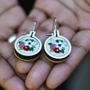 Hand-embroidered Floral Earrings - Hypoallergenic, Nickel-Free - Mini Embroidery Hoops - Mothers Day Gift - Bridesmaid Gift - Gift For Her