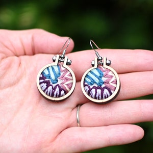 Hand-embroidered Geometric Earrings - Hypoallergenic Nickel-Free - Mini Embroidery Hoops - Mothers Day Gift - Bridesmaids - Gift For Her