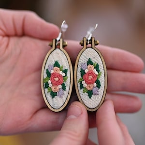 Hand-embroidered Oval Pink Rose Earrings - Hypoallergenic Nickel-Free - Mini Embroidery Hoops - Mothers Day Gift - Gift For Her