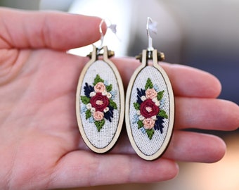 Hand-embroidered Oval Rose Earrings - Hypoallergenic Nickel-Free - Mini Embroidery Hoops - Mothers Day Gift - Gift For Her