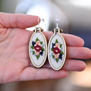 Hand-embroidered Oval Rose Earrings - Hypoallergenic Nickel-Free - Mini Embroidery Hoops - Mothers Day Gift - Gift For Her