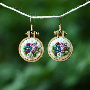 Hand-embroidered Floral Earrings - Hypoallergenic, Nickel-Free - Mini Embroidery Hoops - Mothers Day Gift - Bridesmaid Gift - Gift For Her