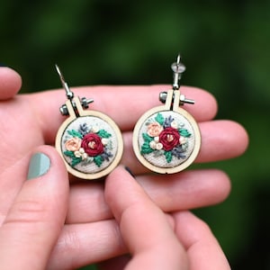 Hand-embroidered Floral Rose Earrings - Hypoallergenic Nickel-Free - Mini Embroidery Hoops - Mothers Day Gift - Gift For Her