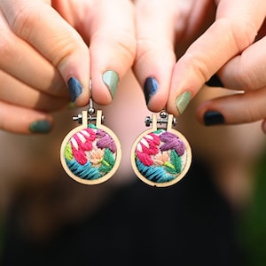 Hand-embroidered Floral Earrings - Hypoallergenic, Nickel-Free - Mini Embroidery Hoops - Mothers Day Gift - Bridesmaid Gift - Gift For Her