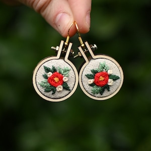Hand-embroidered Floral Rose Earrings - Hypoallergenic Nickel-Free - Mini Embroidery Hoops - Mothers Day Gift - Gift For Her