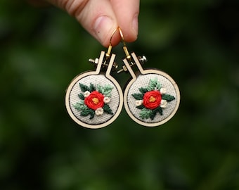 Hand-embroidered Floral Rose Earrings - Hypoallergenic Nickel-Free - Mini Embroidery Hoops - Mothers Day Gift - Gift For Her