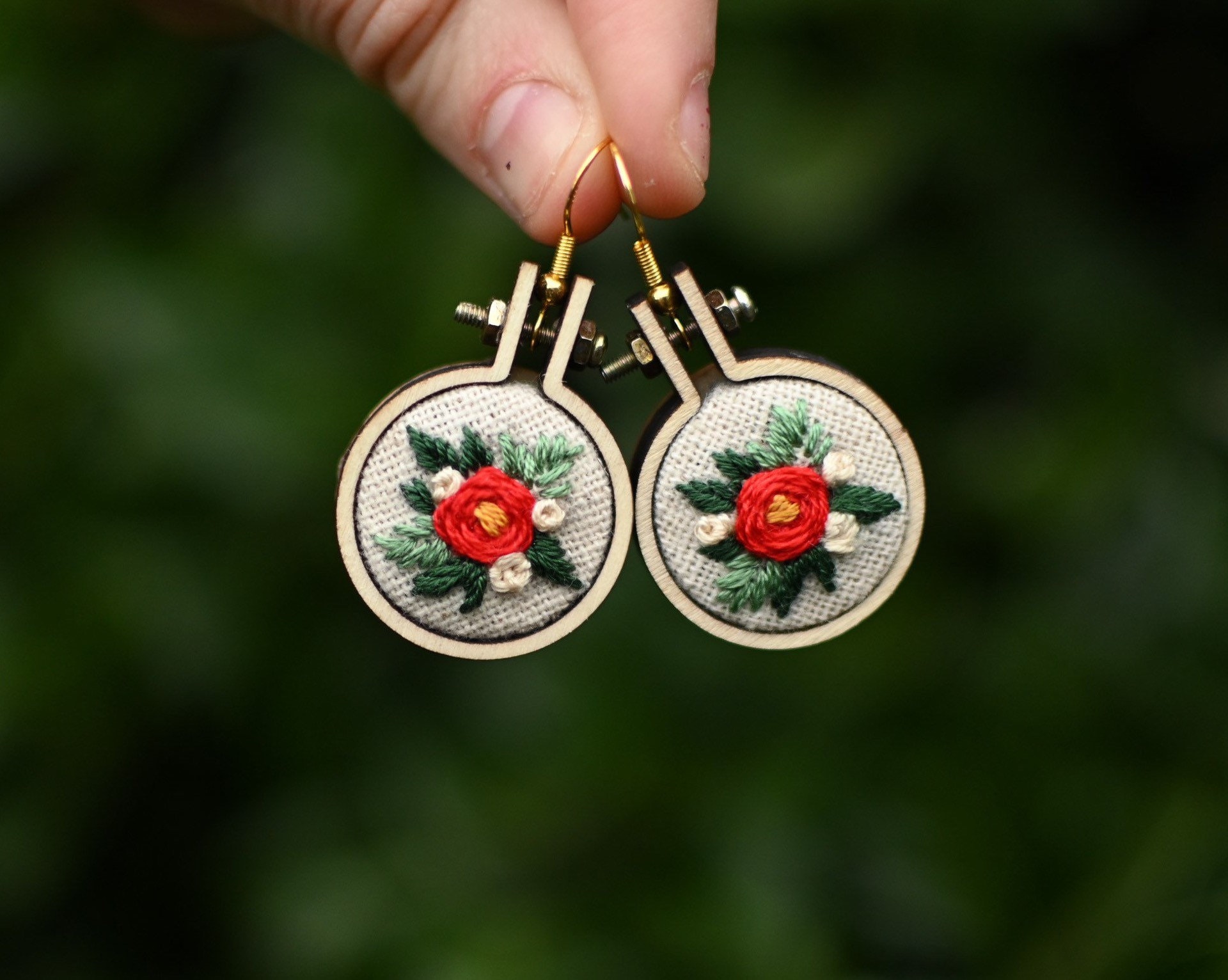 Hand-embroidered Floral Rose Earrings - Hypoallergenic Nickel-free