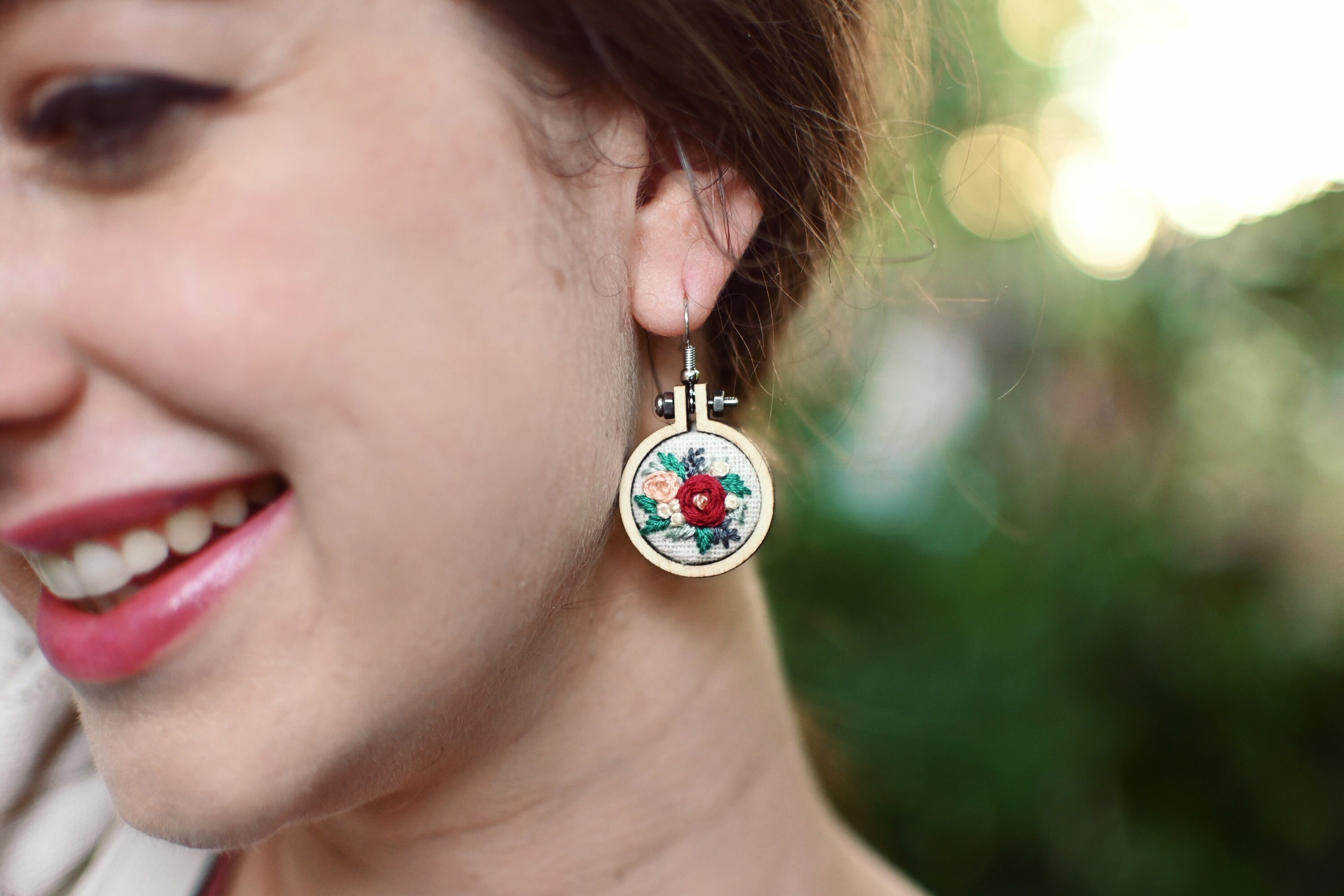 Hand-embroidered Floral Rose Earrings - Hypoallergenic Nickel-free