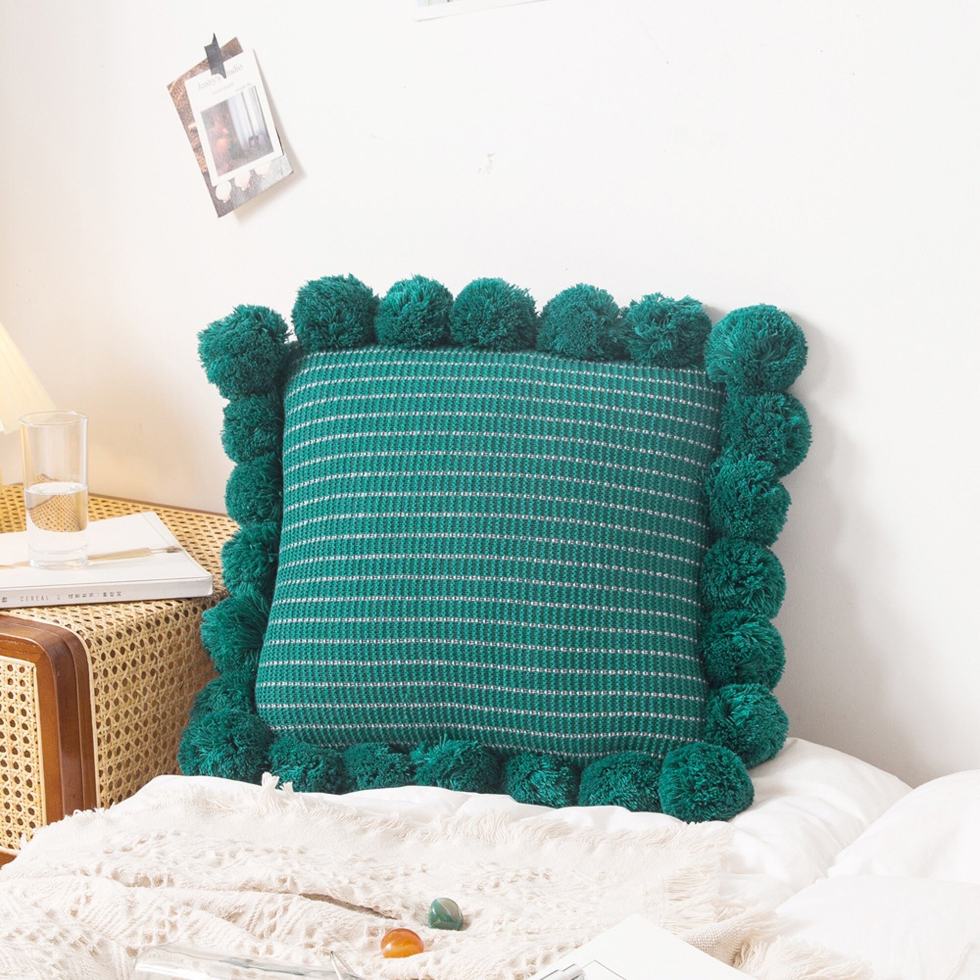 Green PomPom Knitted Cushion Cover 18x18inch / 45x45cm Pom Etsy
