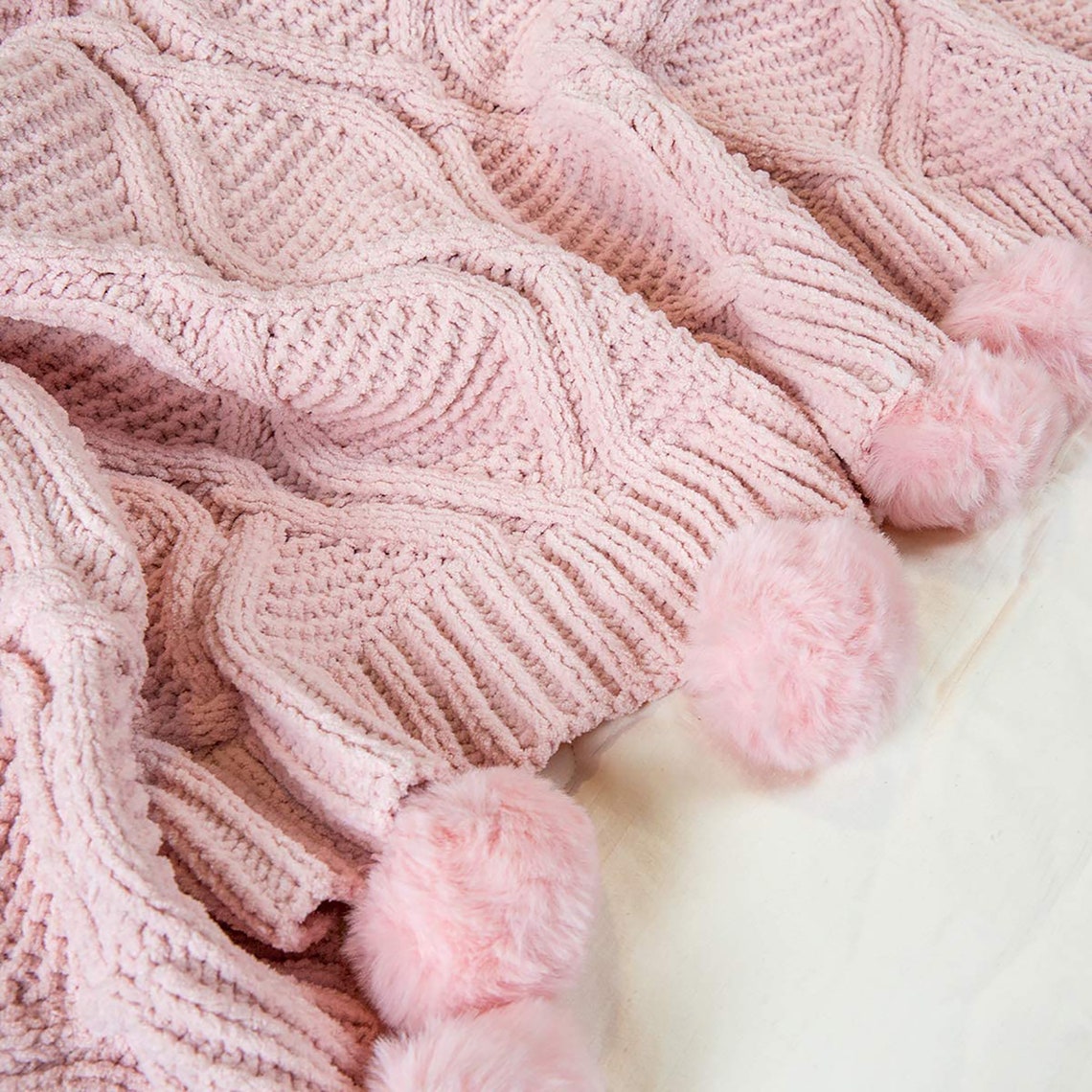 Pink Pom Pom Throw Blanket Fluffy Pompoms Throw Knitted Etsy