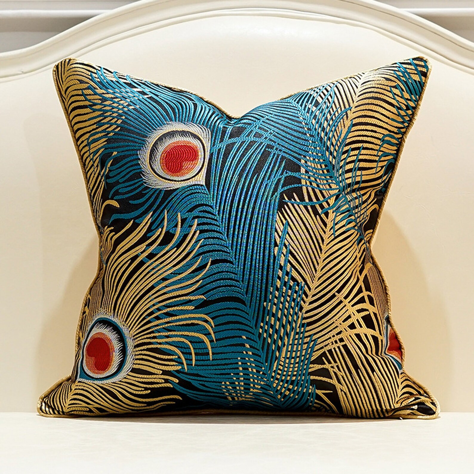 Blue Peacock Feather Jacquard Cushion Cover 18x18inch / Etsy