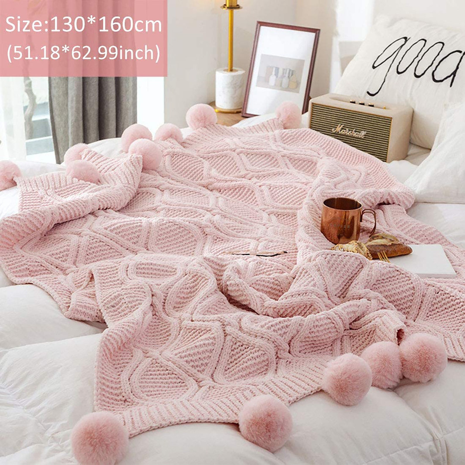 Pink Pom Pom Throw Blanket Fluffy Pompoms Throw Knitted Etsy