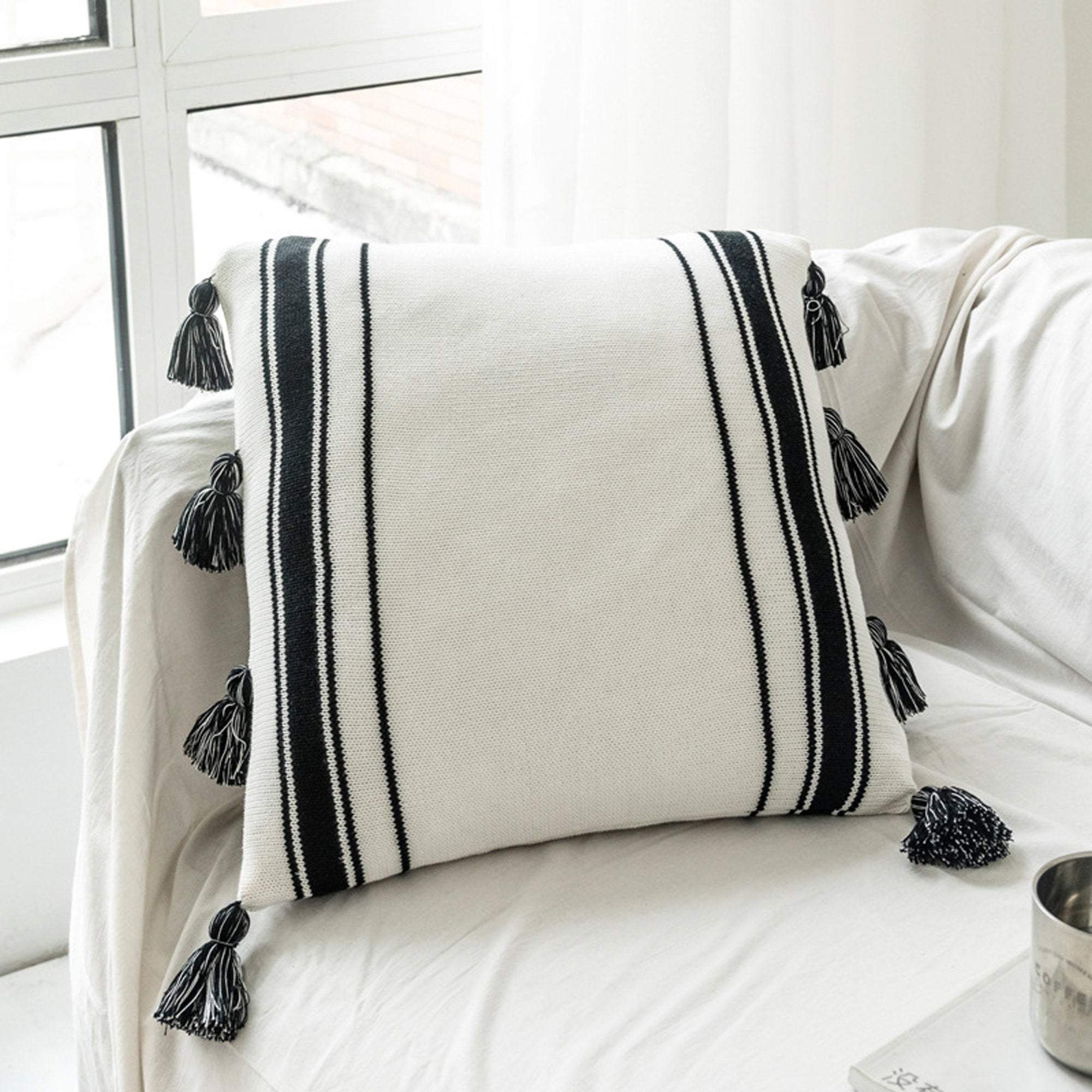Black and White Cushion Cover With Tassel 18x18inch / 45x45cm Etsy