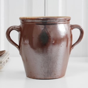 Antique French stoneware gres or confit pot with handles, tall brown glazed ceramic vessel crock pot, Provincial pottery, country core decor