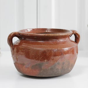 Antique French Provincial stoneware bowl, half glazed gres confit pot with handles, Provincial decor