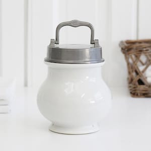 Antique French white porcelain broth jar with pewter lid, Pot de Bouillon, Sustenteur Soup Pot, Medical apothecary Jar, soup carrier